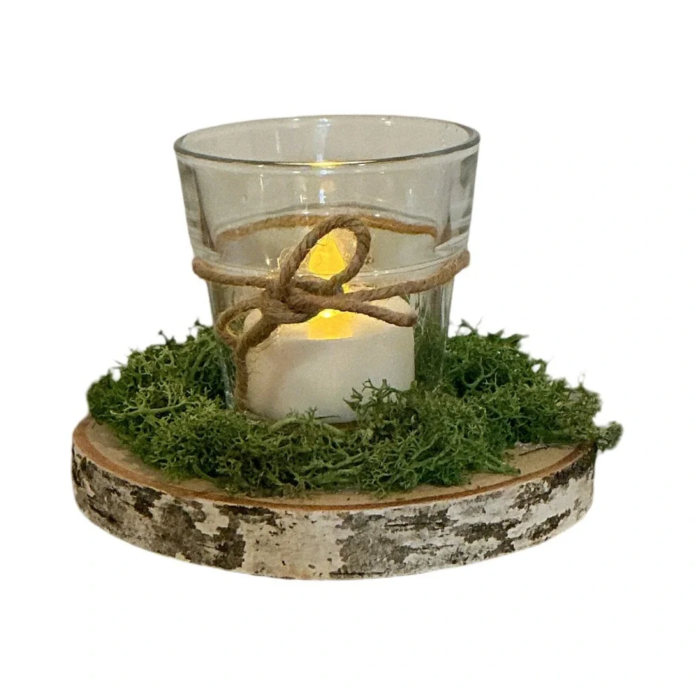 Handmade Rustic Birch Wood Moss Candle Holder LED Tea Light 4.5in Woodland Decor